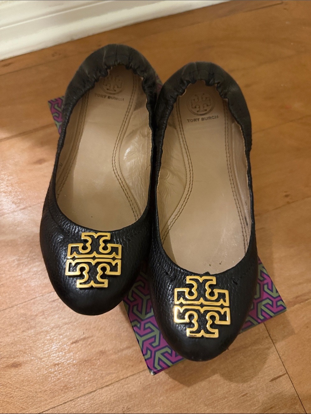 Tory Burch Black Leather Flats with Gold Logo